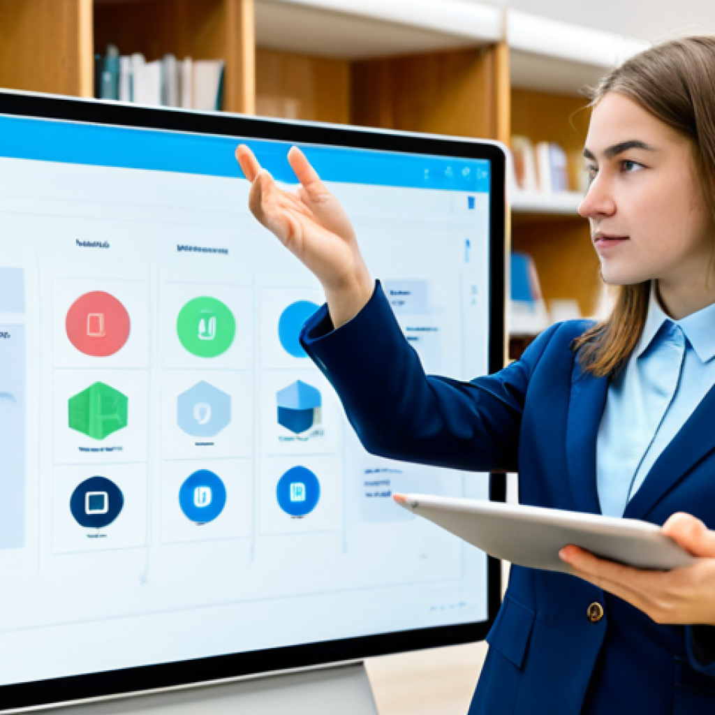 A female professional student, fully clothed in a modest blouse and tailored trousers, actively engaging with a digital textbook on a sleek tablet. The screen displays an interactive 3D simulation of a complex scientific process, with embedded video elements and a subtle gamified progress bar. She has a focused, natural expression, and her well-formed hands are gesturing slightly towards the screen. The background is a bright, modern university library with blurred bookshelves and other students in professional dress in the distance. Professional photography, high-resolution, sharp focus, vibrant colors, perfect anatomy, correct proportions, natural pose, proper finger count, safe for work, appropriate content, fully clothed, professional, family-friendly.