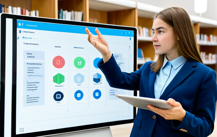 A female professional student, fully clothed in a modest blouse and tailored trousers, actively engaging with a digital textbook on a sleek tablet. The screen displays an interactive 3D simulation of a complex scientific process, with embedded video elements and a subtle gamified progress bar. She has a focused, natural expression, and her well-formed hands are gesturing slightly towards the screen. The background is a bright, modern university library with blurred bookshelves and other students in professional dress in the distance. Professional photography, high-resolution, sharp focus, vibrant colors, perfect anatomy, correct proportions, natural pose, proper finger count, safe for work, appropriate content, fully clothed, professional, family-friendly.