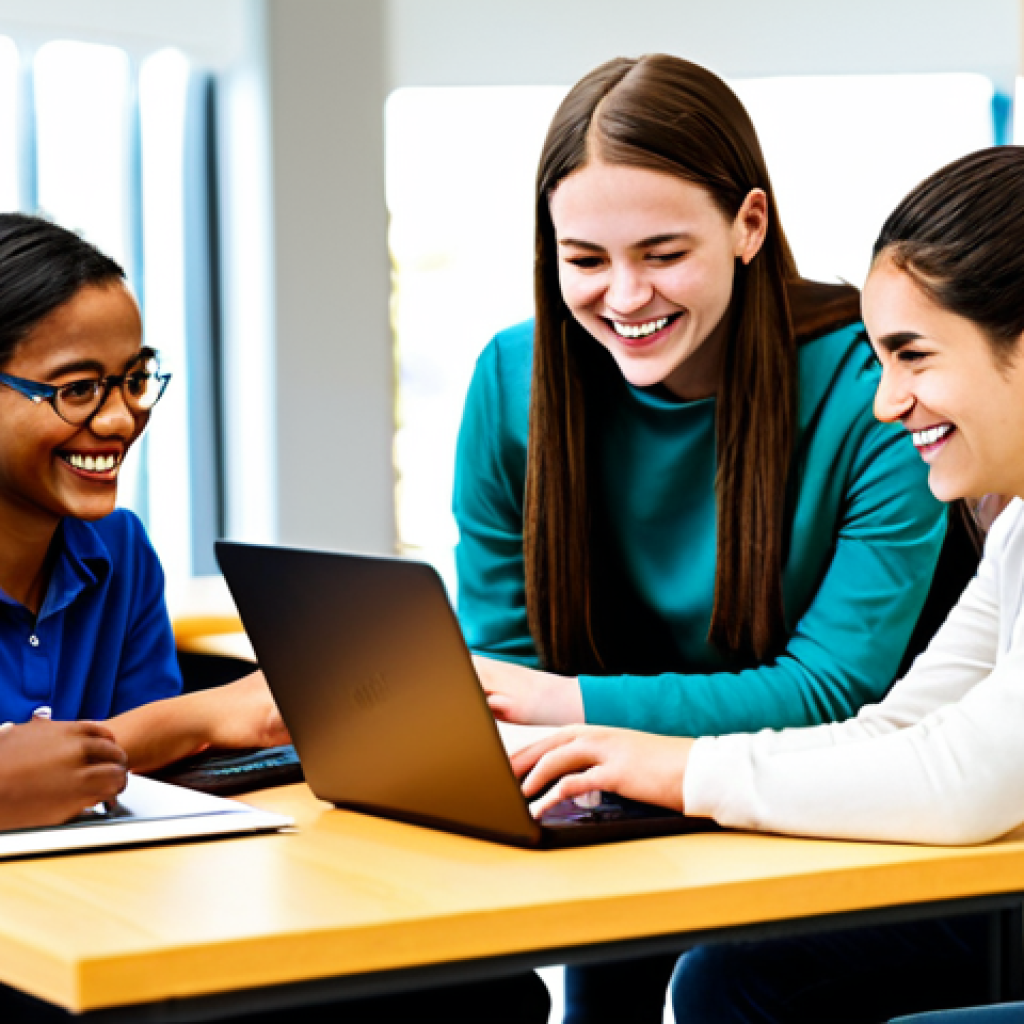 **

"A diverse group of fully clothed students collaborating on a virtual project using laptops in a bright, modern library. The scene emphasizes teamwork and cross-cultural understanding. Students are smiling and engaged. Safe for work, appropriate content, professional, perfect anatomy, natural proportions, high resolution."

**