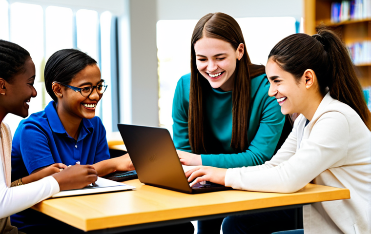 **

"A diverse group of fully clothed students collaborating on a virtual project using laptops in a bright, modern library. The scene emphasizes teamwork and cross-cultural understanding. Students are smiling and engaged. Safe for work, appropriate content, professional, perfect anatomy, natural proportions, high resolution."

**