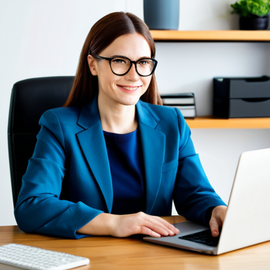 Online Learning Environment**
"A professional woman with glasses, fully clothed in a modest business casual outfit, sitting comfortably at a modern desk with a laptop displaying an online learning platform interface. The background shows a clean, organized home office with bookshelves and plants. Safe for work, appropriate content, perfect anatomy, correct proportions, well-formed hands, natural pose, professional lighting, high resolution."
**