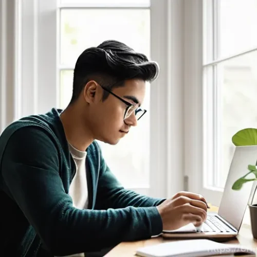 Home 26 디지털 학습 스타일 - **Prompt:** A young adult (gender-neutral, 20s-30s) in a modern, well-organized home office setup, b...