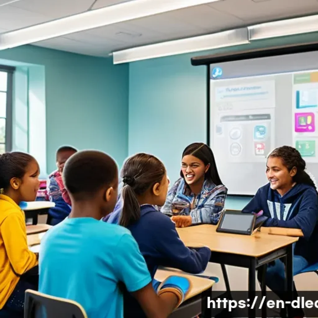 디지털 교수법 - A vibrant classroom scene showing diverse middle school students engaged in a gamified learning envi...