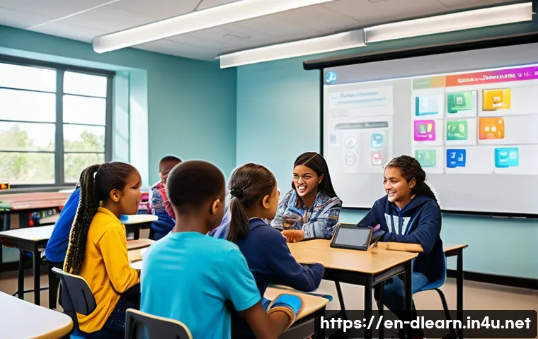 디지털 교수법 - A vibrant classroom scene showing diverse middle school students engaged in a gamified learning envi...
