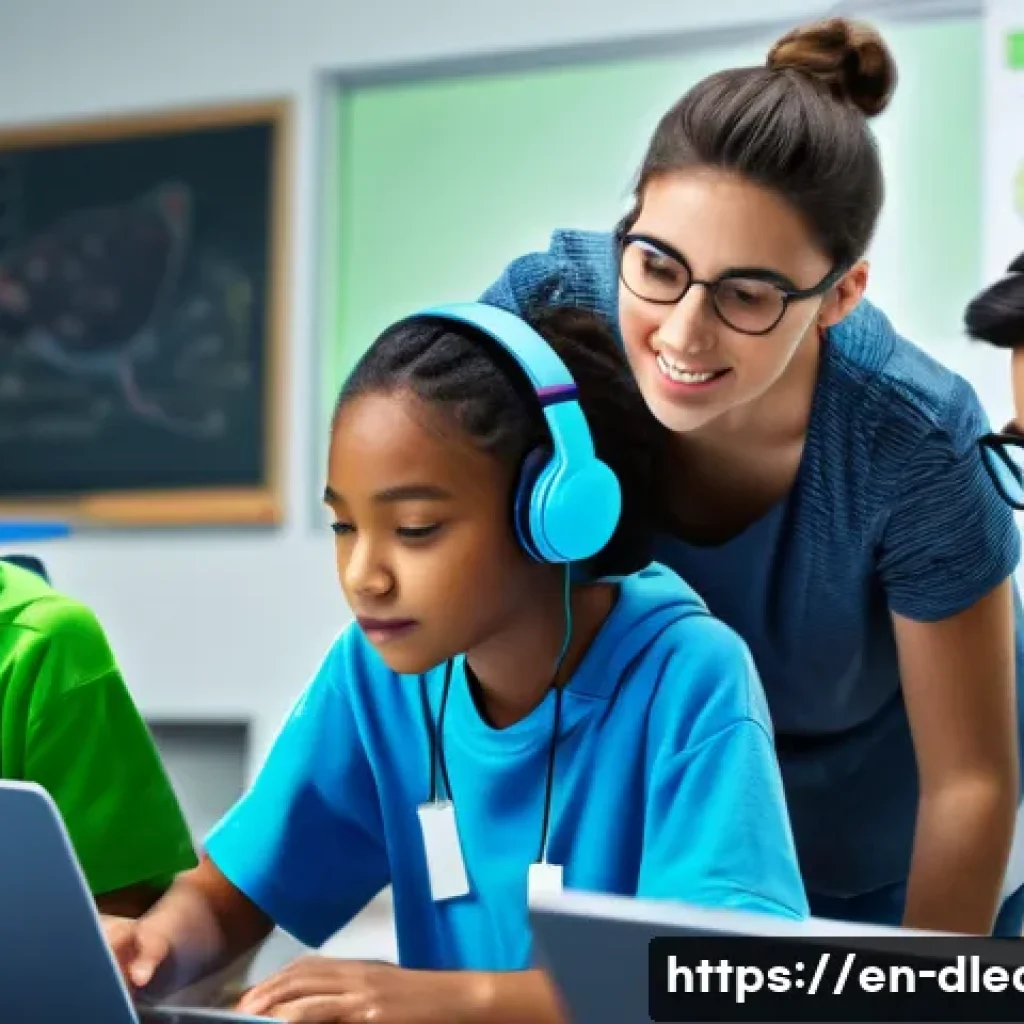 디지털 학습의 창의적 접근법 - A modern virtual classroom scene showing diverse students engaged in an immersive science simulation...