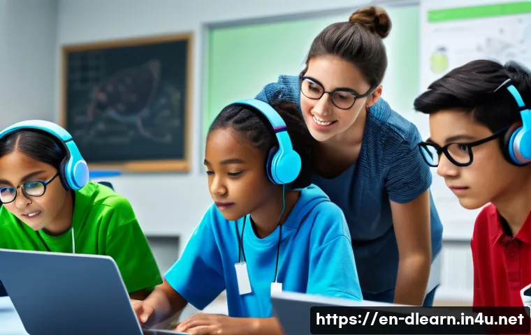 디지털 학습의 창의적 접근법 - A modern virtual classroom scene showing diverse students engaged in an immersive science simulation...