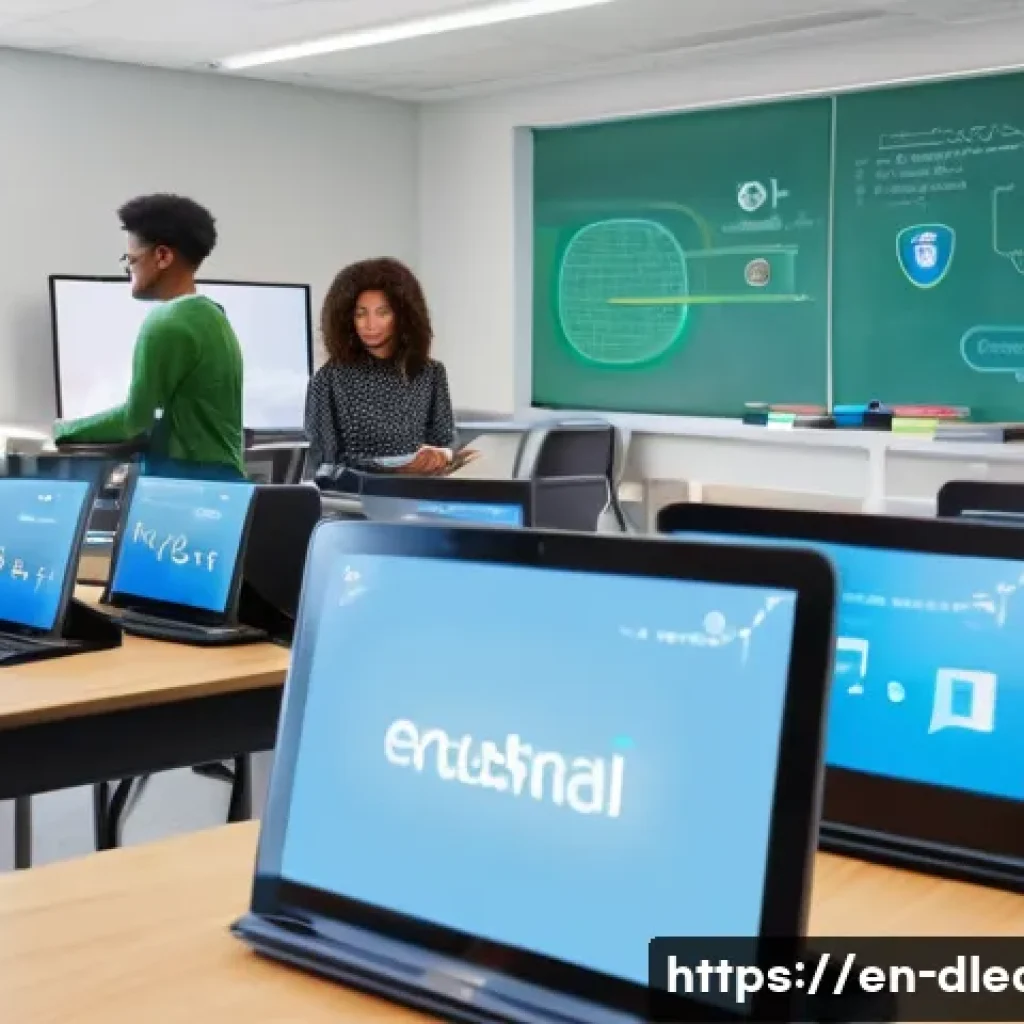 디지털 교육을 위한 예산 계획 - A modern classroom scene showcasing diverse students and a teacher actively engaging with mid-range ...