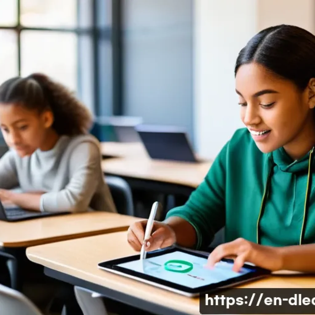 디지털 교육에서의 인공지능 적용 - A modern classroom scene featuring diverse students using adaptive learning platforms on sleek table...