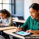 디지털 교육에서의 인공지능 적용 - A modern classroom scene featuring diverse students using adaptive learning platforms on sleek table...