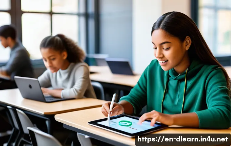 디지털 교육에서의 인공지능 적용 - A modern classroom scene featuring diverse students using adaptive learning platforms on sleek table...