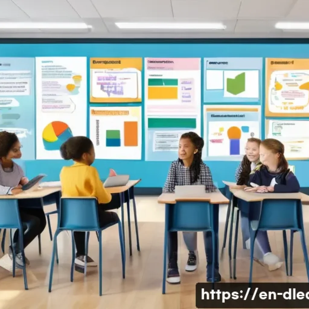 학습 성과 측정 - A modern, bright classroom scene showing a diverse group of students engaged in various formative as...