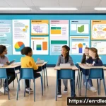 학습 성과 측정 - A modern, bright classroom scene showing a diverse group of students engaged in various formative as...