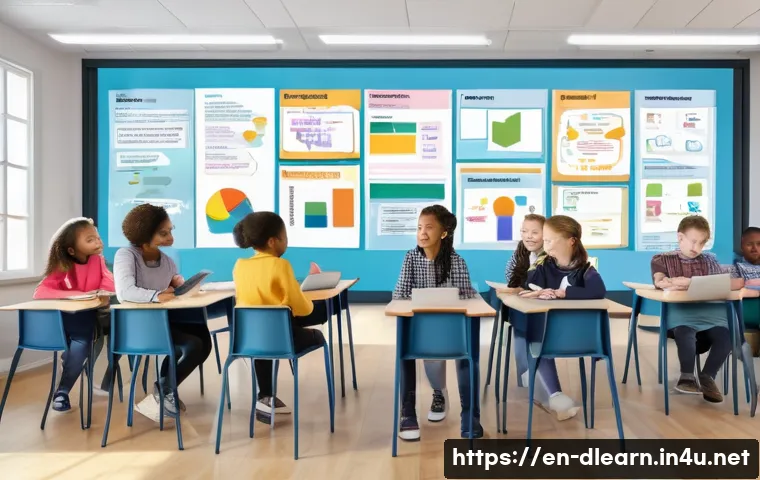 학습 성과 측정 - A modern, bright classroom scene showing a diverse group of students engaged in various formative as...