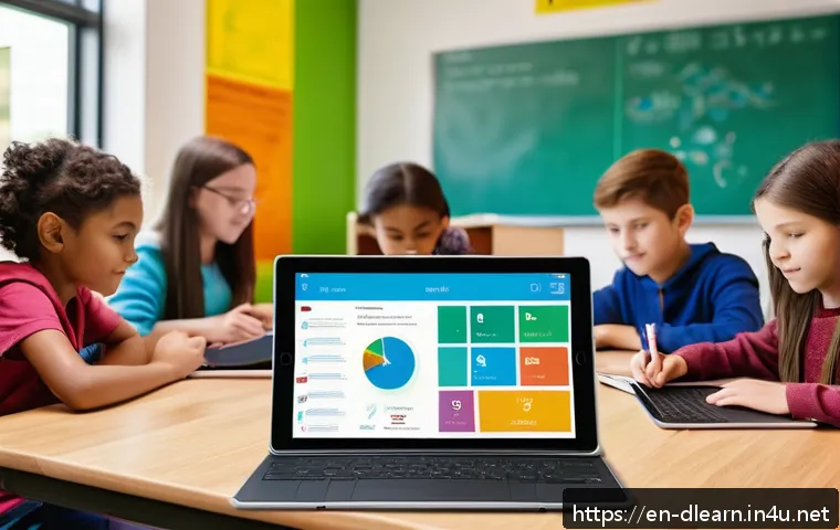 디지털 학습의 최신 기술 동향 - A modern classroom scene featuring diverse students engaged with AI-powered adaptive learning platfo...