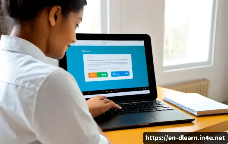 디지털 교육 플랫폼의 발전 - Photorealistic modern digital learning platform scene, diverse adult learner using a tablet at a cle...
