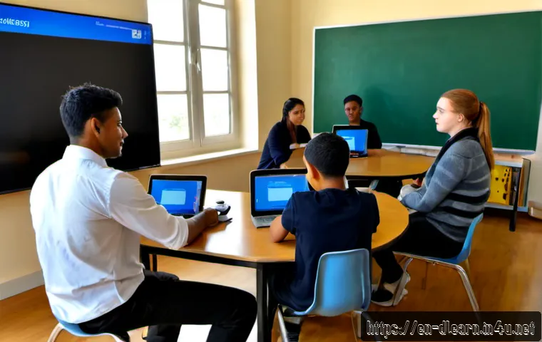 디지털 교육의 효과적인 모델 - Photorealistic modern community college classroom demonstrating an effective digital education model...