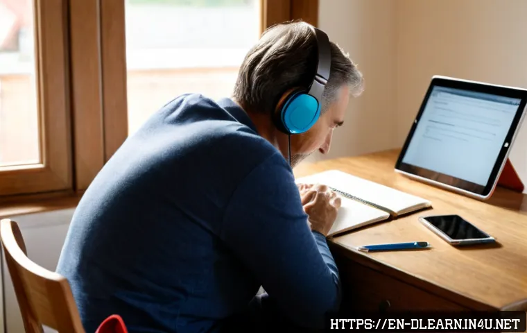 디지털 교육의 효율적인 방법 - Photorealistic home learning scene, a middle-aged adult seated at a clean wooden desk using a tablet...