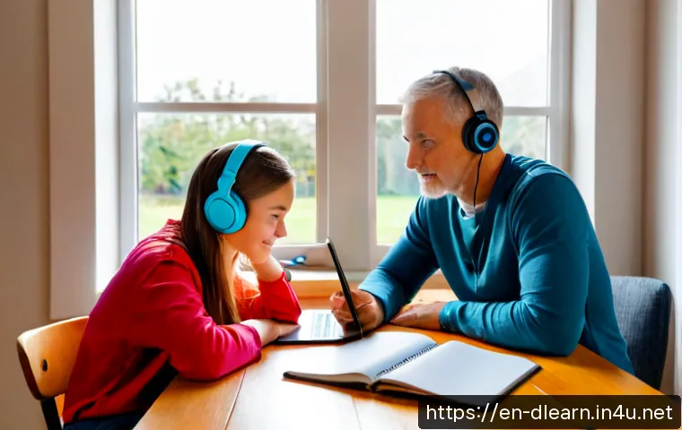 디지털 학습 환경 - Photorealistic bright home learning workspace, middle-aged parent and teenage student sitting side b...