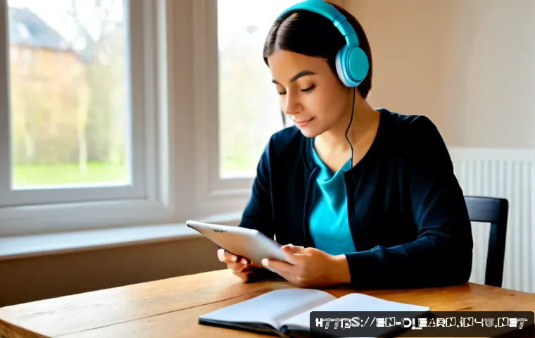 디지털 학습의 경험 개선 - Photorealistic home learning scene, an adult learner using a tablet on a clean wooden desk with a no...